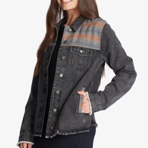 NWT ROXY Something New Denim Jacket sz L raw hem and patterned design detail